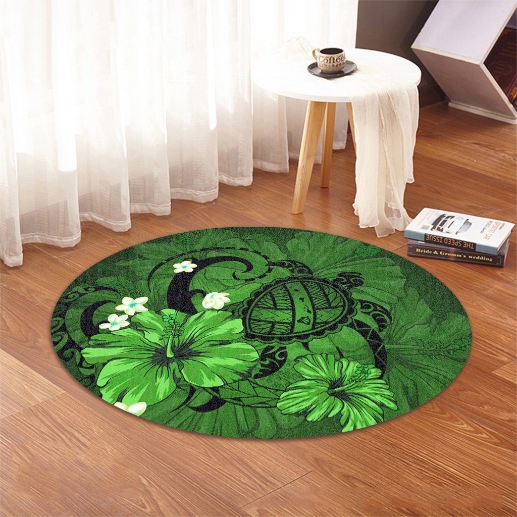 Hawaiian Map Big Turtle Hibiscus Plumeria Tribal Polynesian Round Carpet - Green - AH - Polynesian Pride