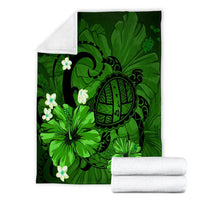 Hawaiian Map Big Turtle Hibiscus Plumeria Tribal Polynesian Premium Blankets - Green - AH - Polynesian Pride