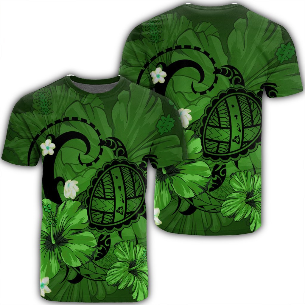 Hawaiian Map Big Turtle Hibiscus Plumeria Tribal Polynesian T Shirt Green Unisex Black - Polynesian Pride