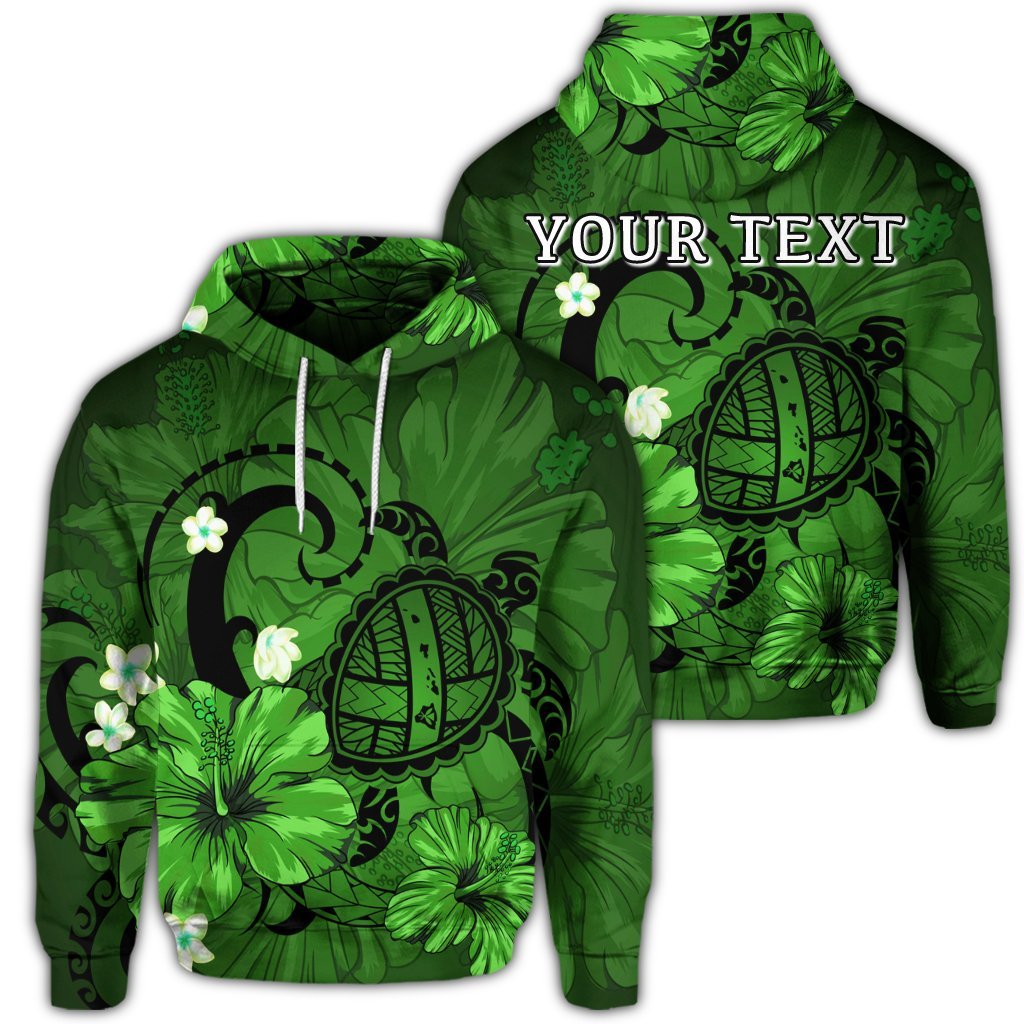 Custom Hawaiian Map Big Turtle Hibiscus Plumeria Tribal Polynesian Hoodie Green Unisex Art - Polynesian Pride