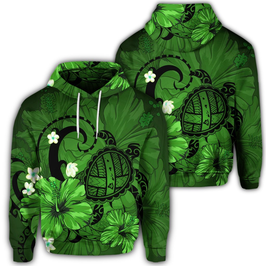 Hawaiian Map Big Turtle Hibiscus Plumeria Tribal Polynesian Hoodie Green Unisex Art - Polynesian Pride