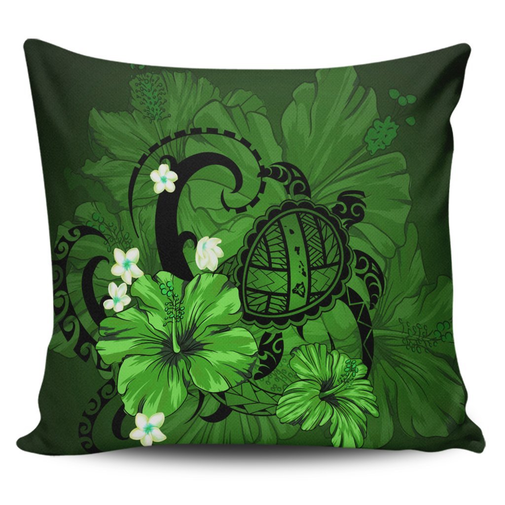 Hawaiian Map Big Turtle Hibiscus Plumeria Tribal Polynesian Pillow Covers - Green - AH Pillow Covers Black - Polynesian Pride