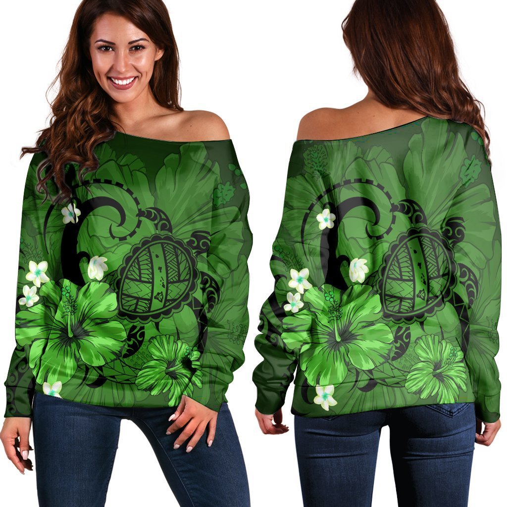 Hawaiian Map Big Turtle Hibiscus Plumeria Tribal Polynesian Women's Off Shoulder Sweater - Green - AH Black - Polynesian Pride