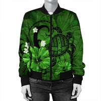 Hawaiian Map Big Turtle Hibiscus Plumeria Tribal Polynesian Bomber Jacket - Green - AH - Polynesian Pride