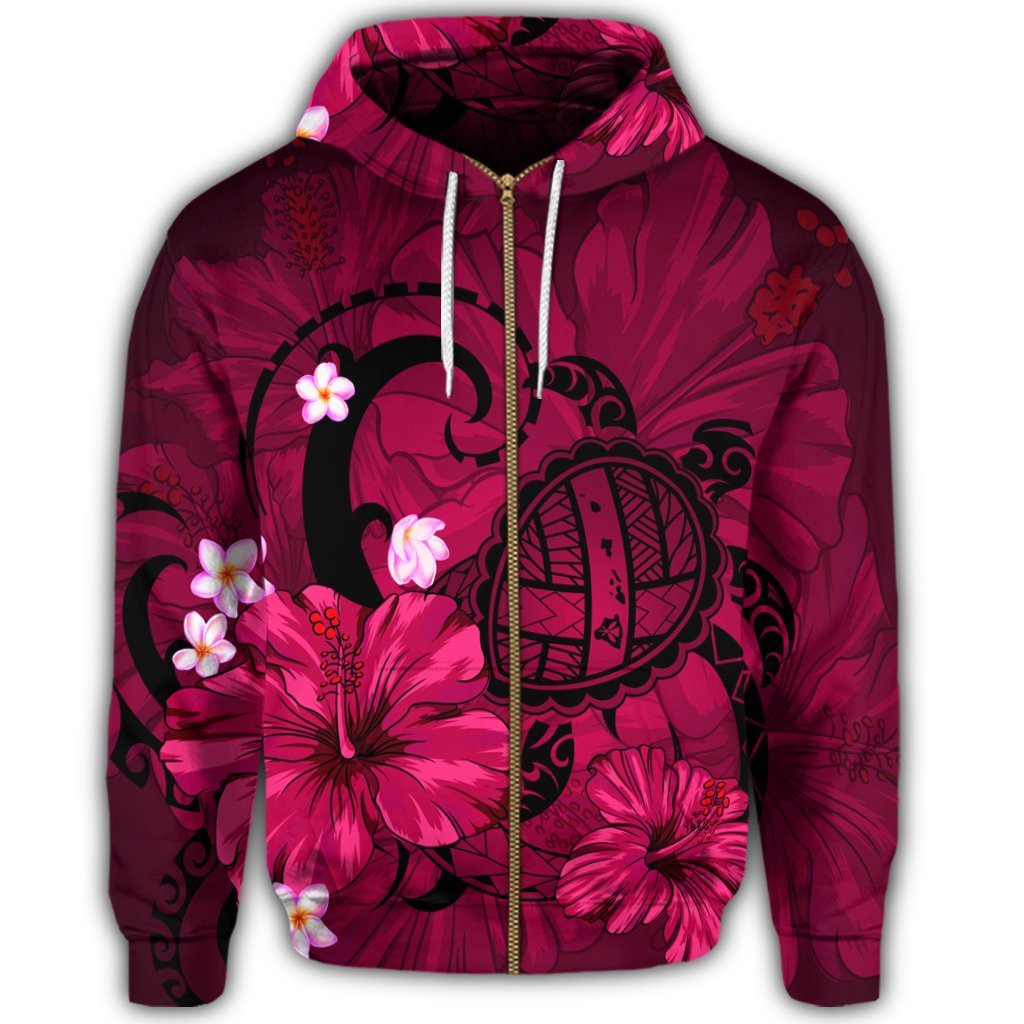 Hawaiian Map Big Turtle Hibiscus Plumeria Tribal Polynesian Zip Hoodie Pink - Polynesian Pride