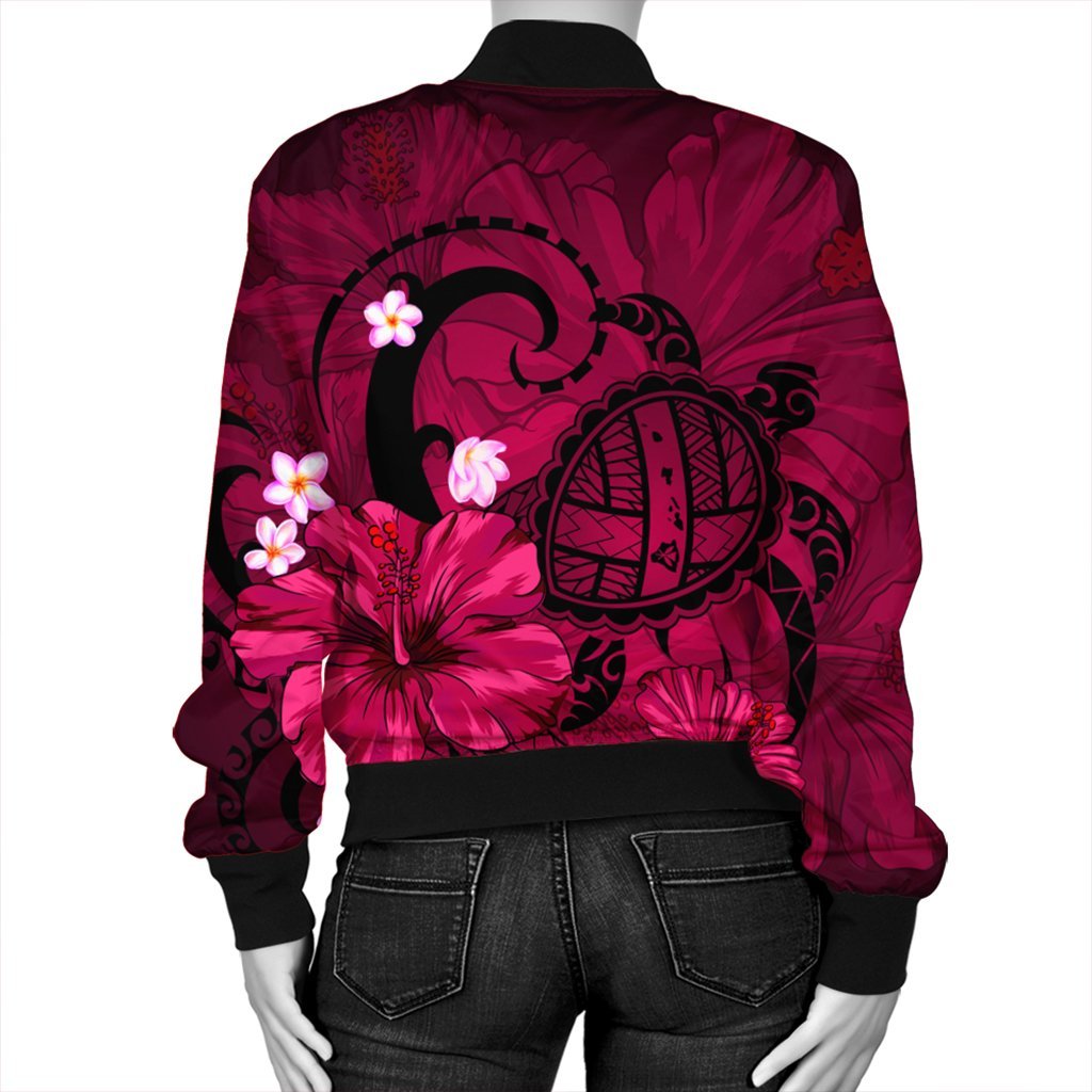 Hawaiian Map Big Turtle Hibiscus Plumeria Tribal Polynesian Bomber Jacket - Pink - AH - Polynesian Pride