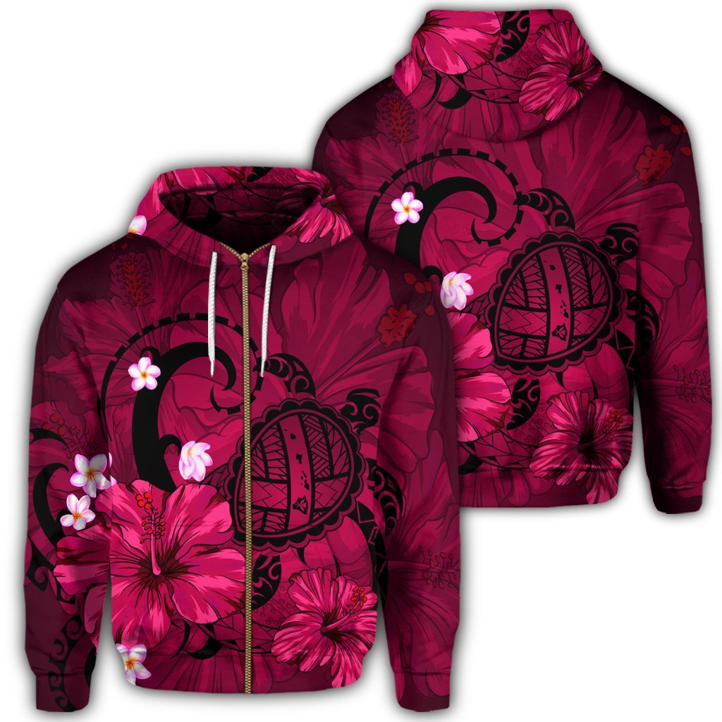 Hawaiian Map Big Turtle Hibiscus Plumeria Tribal Polynesian Zip Hoodie Pink Unisex Art - Polynesian Pride