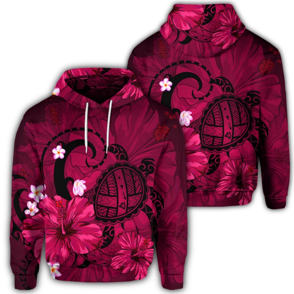 Hawaiian Map Big Turtle Hibiscus Plumeria Tribal Polynesian Hoodie Pink Unisex Art - Polynesian Pride