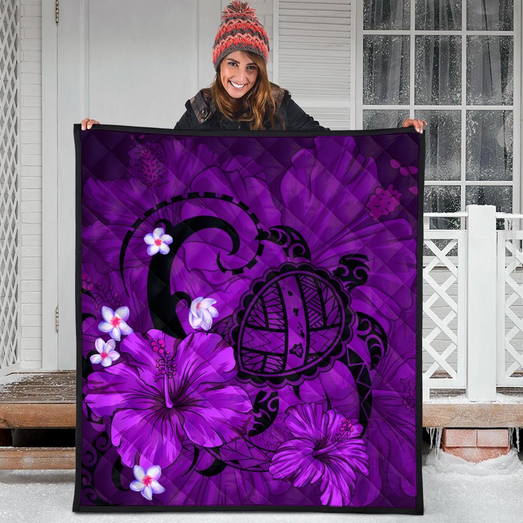 Hawaiian Map Big Turtle Hibiscus Plumeria Tribal Polynesian Premium Quilts - Purple - AH - Polynesian Pride