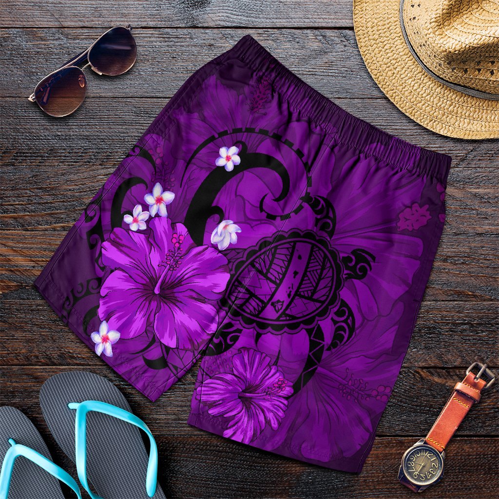 Hawaiian Map Big Turtle Hibiscus Plumeria Tribal Polynesian Men's Shorts - Purple - AH Art - Polynesian Pride