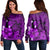 Hawaiian Map Big Turtle Hibiscus Plumeria Tribal Polynesian Women's Off Shoulder Sweater - Purple - AH Black - Polynesian Pride