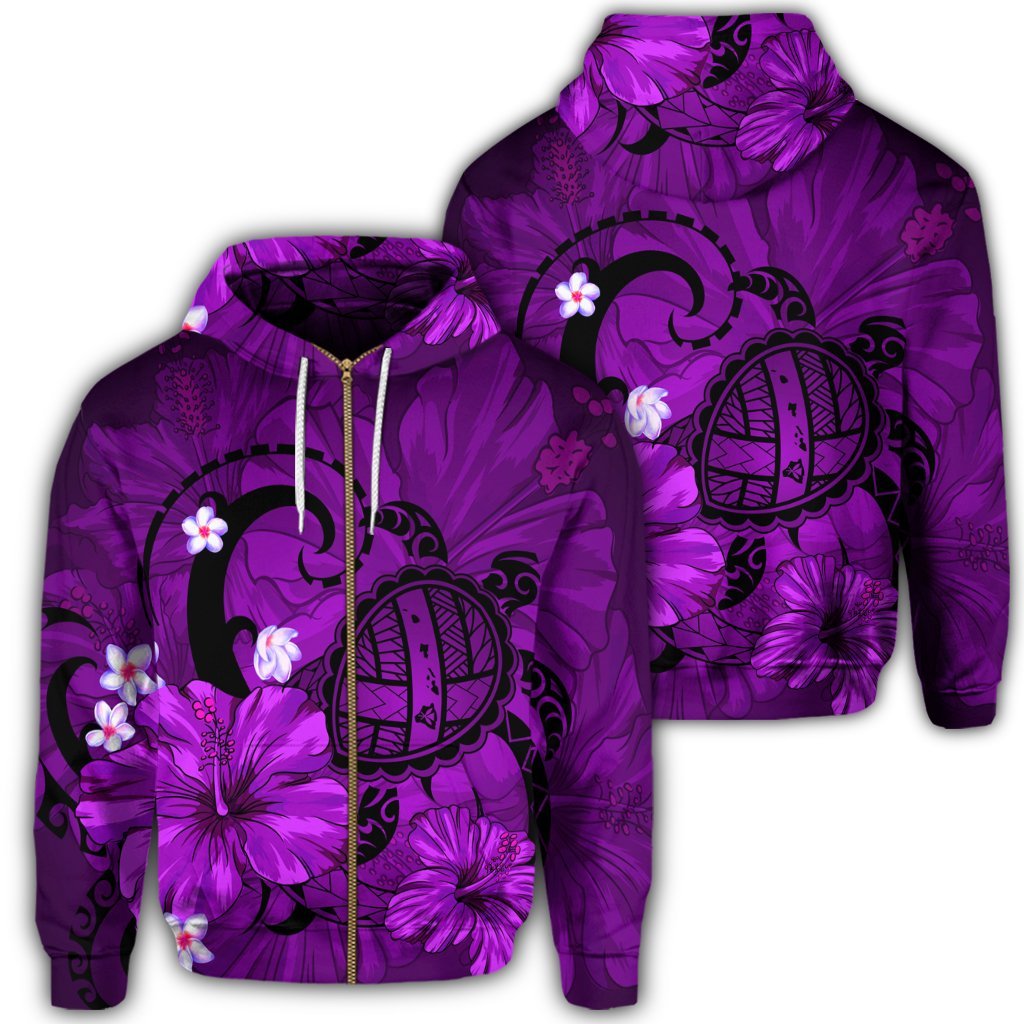 Hawaiian Map Big Turtle Hibiscus Plumeria Tribal Polynesian Zip Hoodie Purple Unisex Art - Polynesian Pride