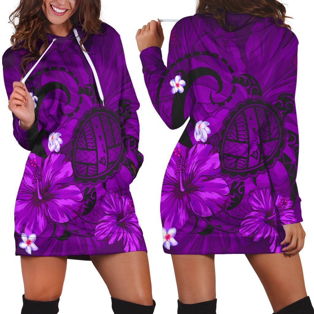 Hawaiian Map Big Turtle Hibiscus Plumeria Tribal Polynesian Hoodie Dress - Purple - AH Black - Polynesian Pride