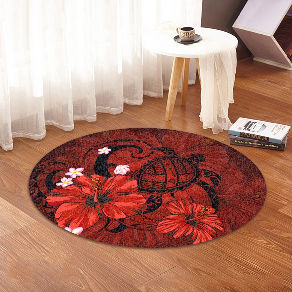 Hawaiian Map Big Turtle Hibiscus Plumeria Tribal Polynesian Round Carpet - Red - AH - Polynesian Pride