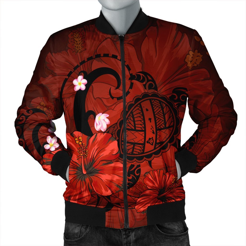 Hawaiian Map Big Turtle Hibiscus Plumeria Tribal Polynesian Bomber Jacket - Red - AH Black Unisex - Polynesian Pride