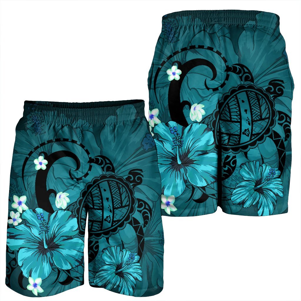 Hawaiian Map Big Turtle Hibiscus Plumeria Tribal Polynesian Men's Shorts - Turquoise - AH - Polynesian Pride