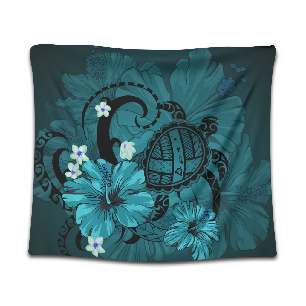 Hawaiian Map Big Turtle Hibiscus Plumeria Tribal Polynesian Tapestry - Turquoise - AH Wall Tapestry Black - Polynesian Pride