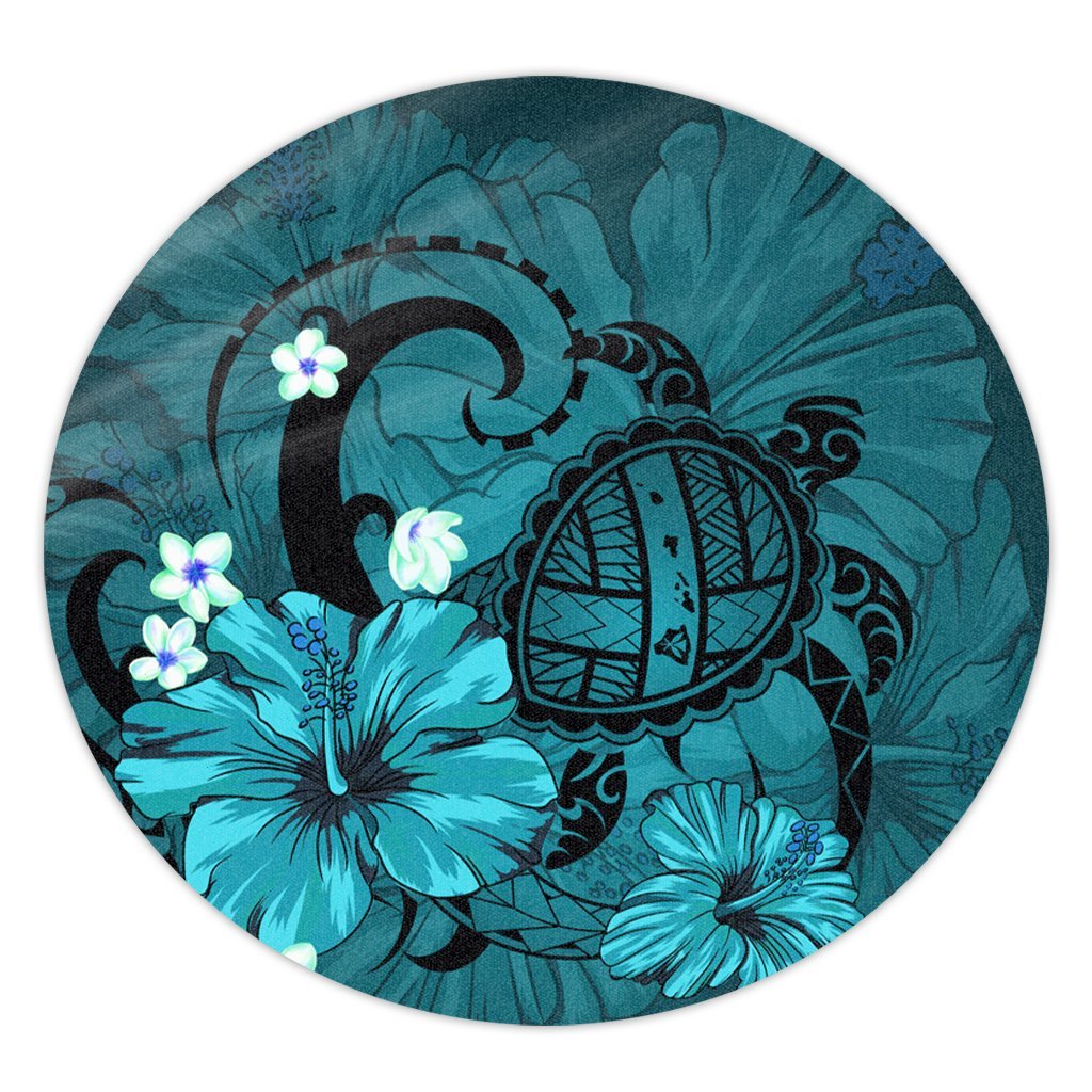 Hawaiian Map Big Turtle Hibiscus Plumeria Tribal Polynesian Round Carpet - Turquoise - AH Round Carpet Luxurious Plush - Polynesian Pride