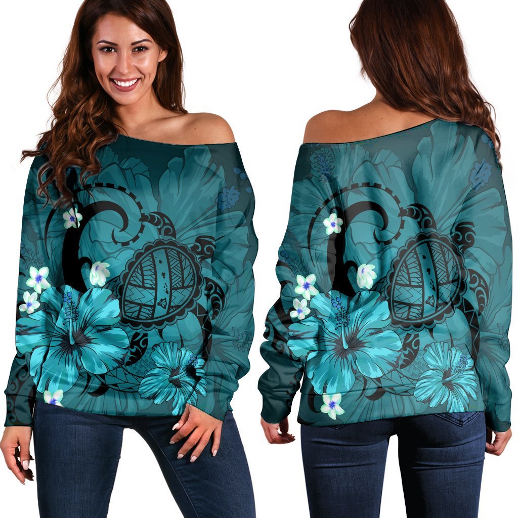 Hawaiian Map Big Turtle Hibiscus Plumeria Tribal Polynesian Women's Off Shoulder Sweater - Turquoise - AH Black - Polynesian Pride