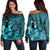 Hawaiian Map Big Turtle Hibiscus Plumeria Tribal Polynesian Women's Off Shoulder Sweater - Turquoise - AH Black - Polynesian Pride