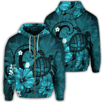 Hawaiian Map Big Turtle Hibiscus Plumeria Tribal Polynesian Zip Hoodie Turquoise Unisex Art - Polynesian Pride