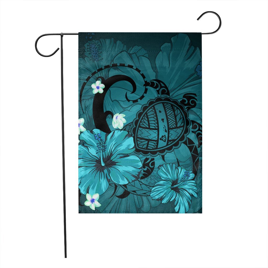 Hawaiian Map Big Turtle Hibiscus Plumeria Tribal Polynesian Flag - Turquoise - AH - Polynesian Pride