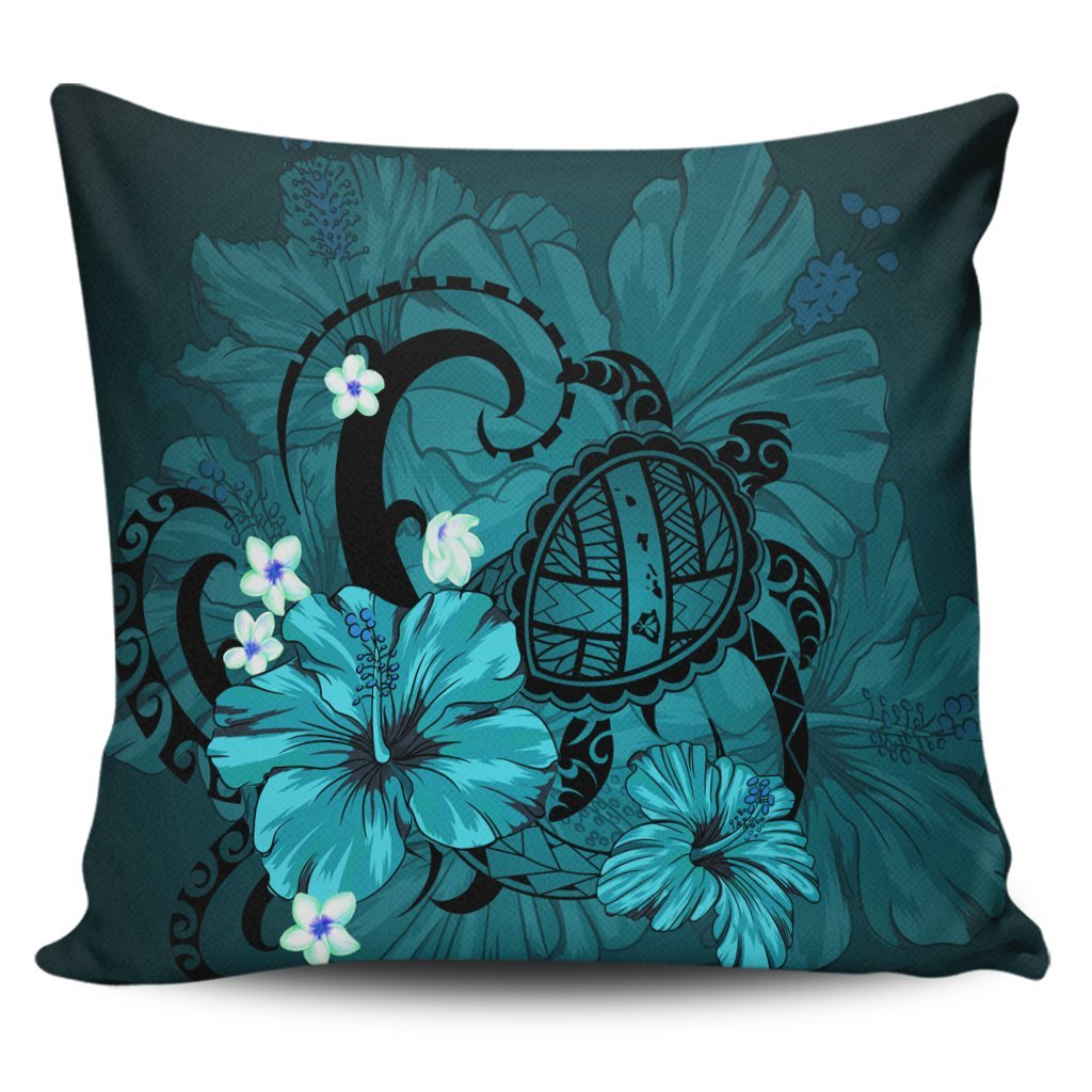 Hawaiian Map Big Turtle Hibiscus Plumeria Tribal Polynesian Pillow Covers - Turquoise - AH Pillow Covers Black - Polynesian Pride