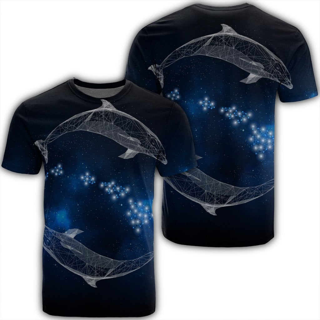 Hawaiian Map Galaxy Zodiac Dolphin White Polynesian T Shirt Unisex Black - Polynesian Pride