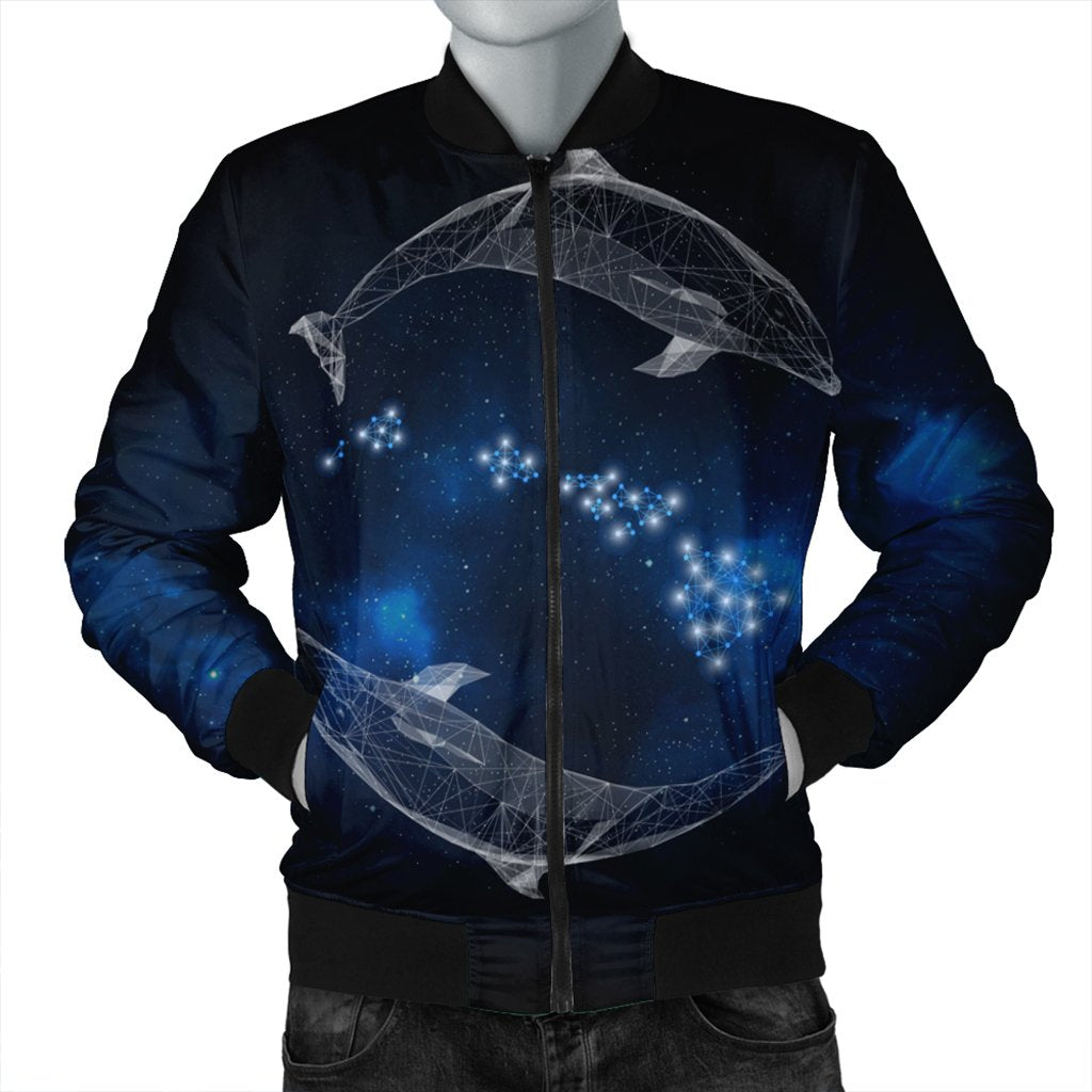 Hawaiian Map Galaxy Zodiac Dolphin White Polynesian Bomber Jacket - AH Black Unisex - Polynesian Pride