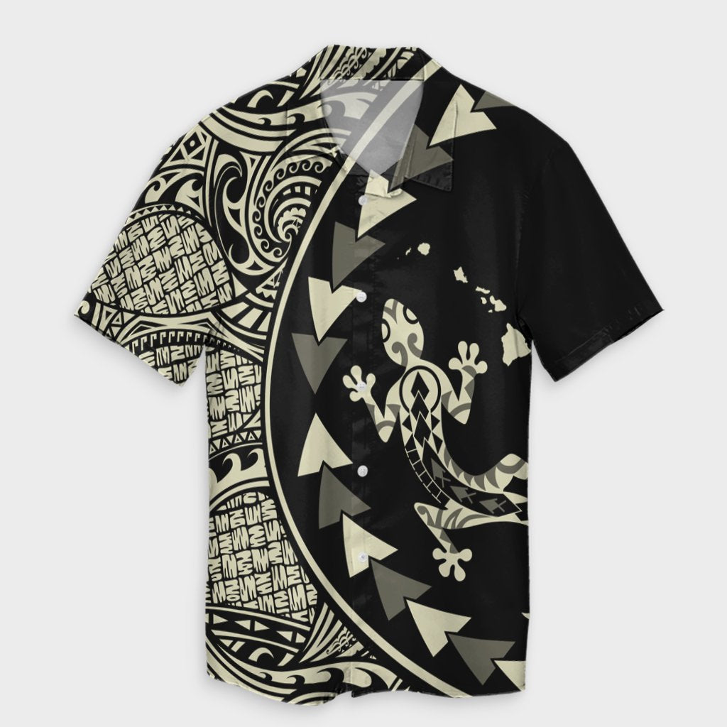 Hawaiian Map Gecko Tattoo Kakau Polynesian Hawaiian Shirt Beige AH Unisex Black - Polynesian Pride