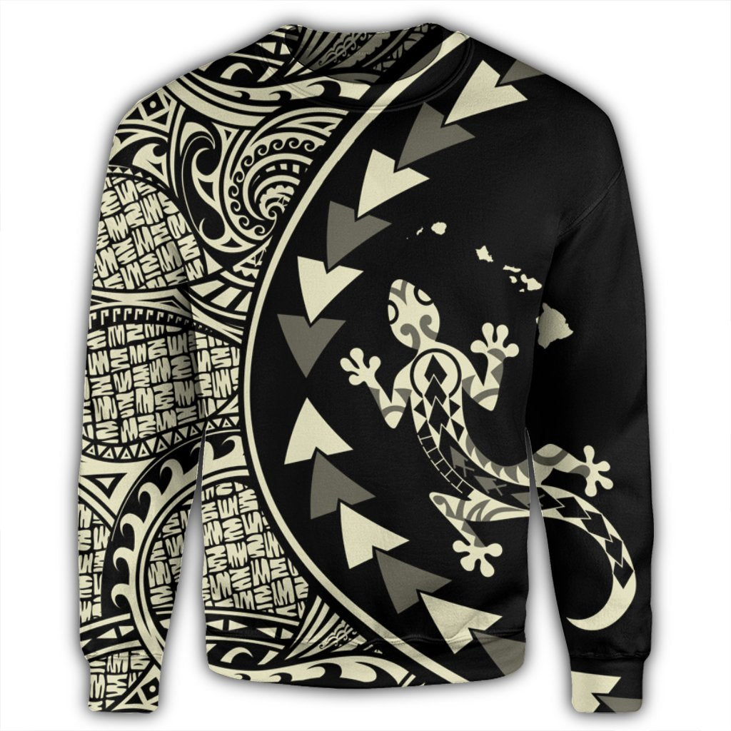Hawaiian Map Gecko Tattoo Kakau Polynesian Sweatshirt Beige AH - Polynesian Pride