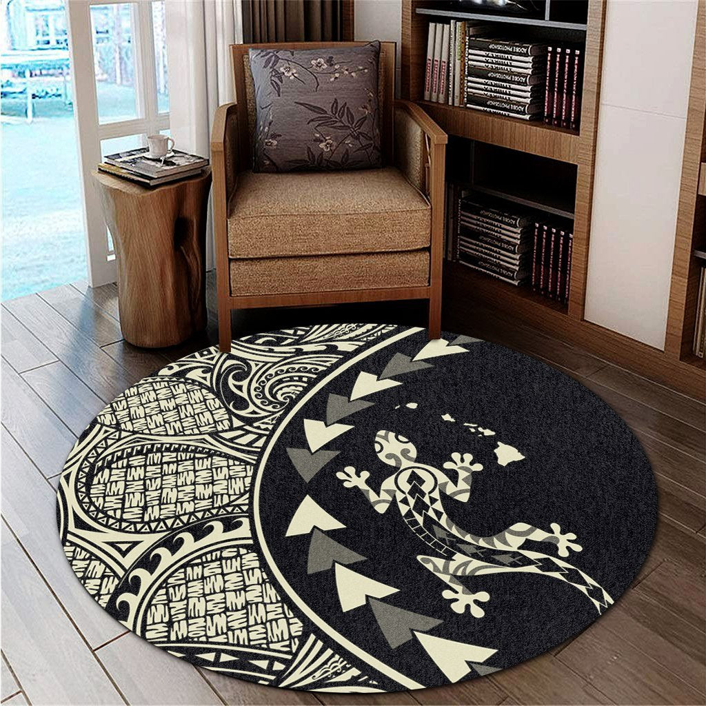 Hawaiian Map Gecko Tattoo Kakau Polynesian Round Carpet Beige AH - Polynesian Pride