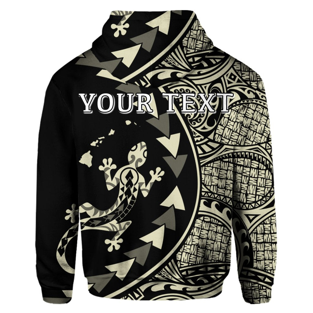 Custom Hawaiian Map Gecko Tattoo Kakau Polynesian Hoodie Beige - Polynesian Pride
