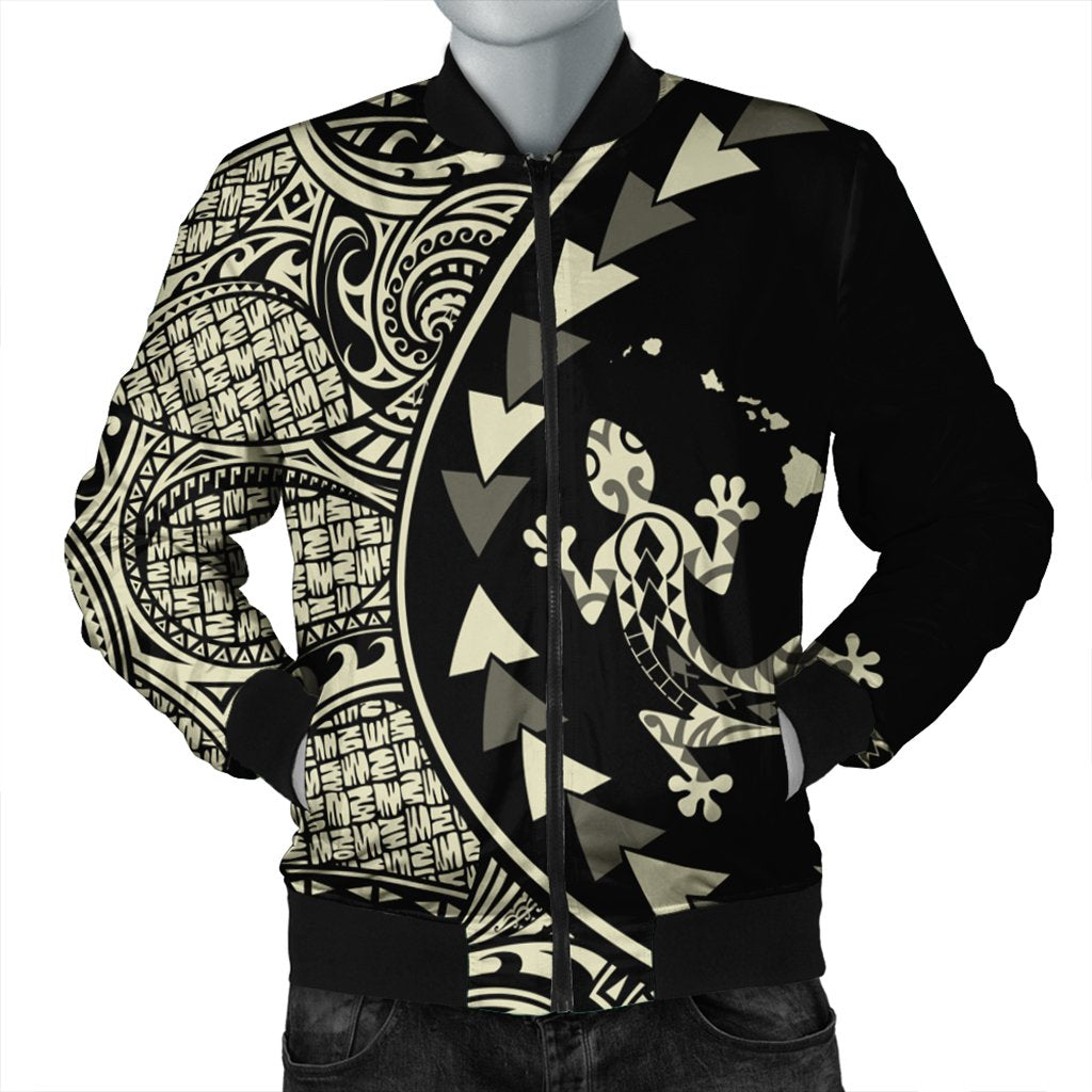 Hawaiian Map Gecko Tattoo Kakau Polynesian Bomber Jacket Beige AH Black Unisex - Polynesian Pride