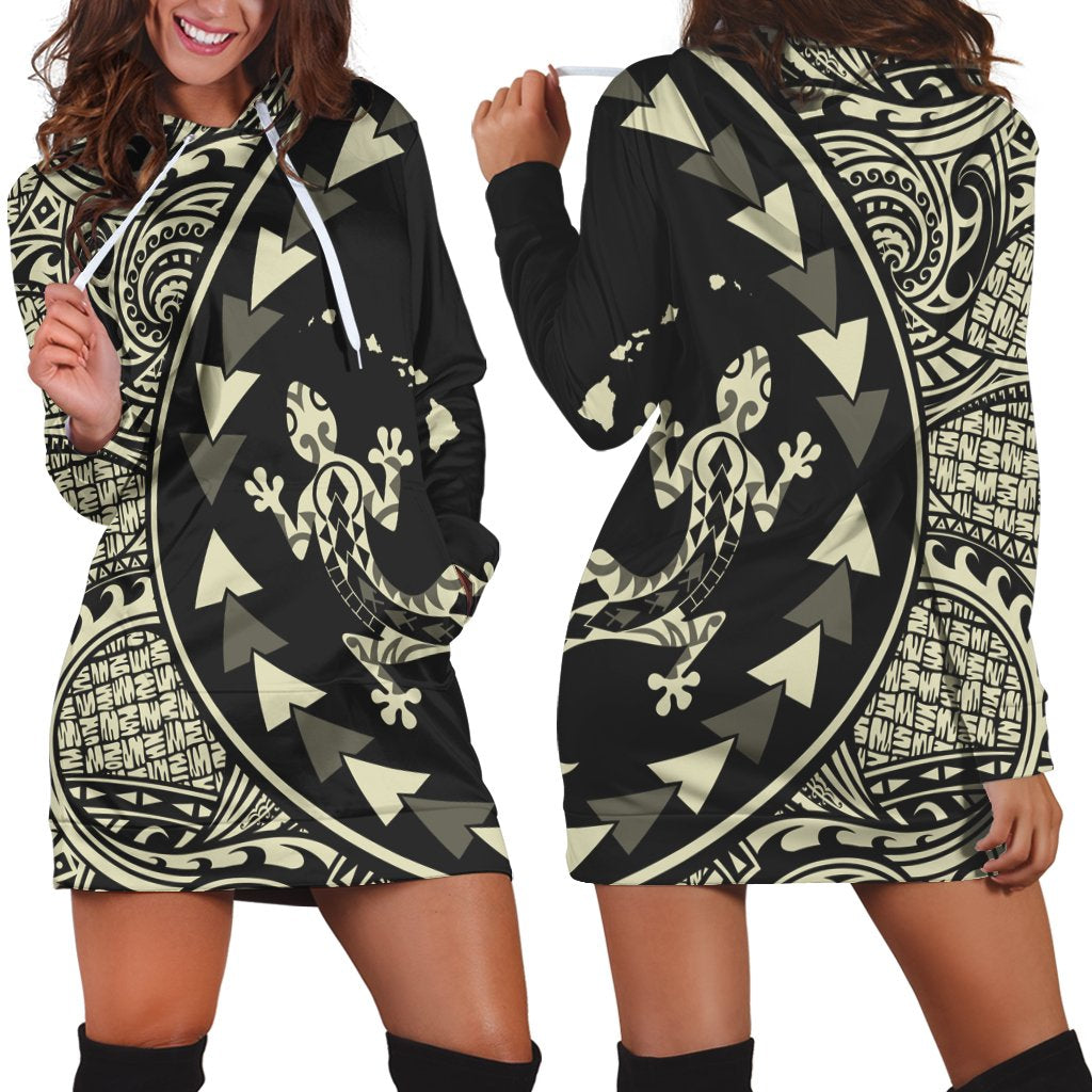 Hawaiian Map Gecko Tattoo Kakau Polynesian Hoodie Dress Beige AH Black - Polynesian Pride