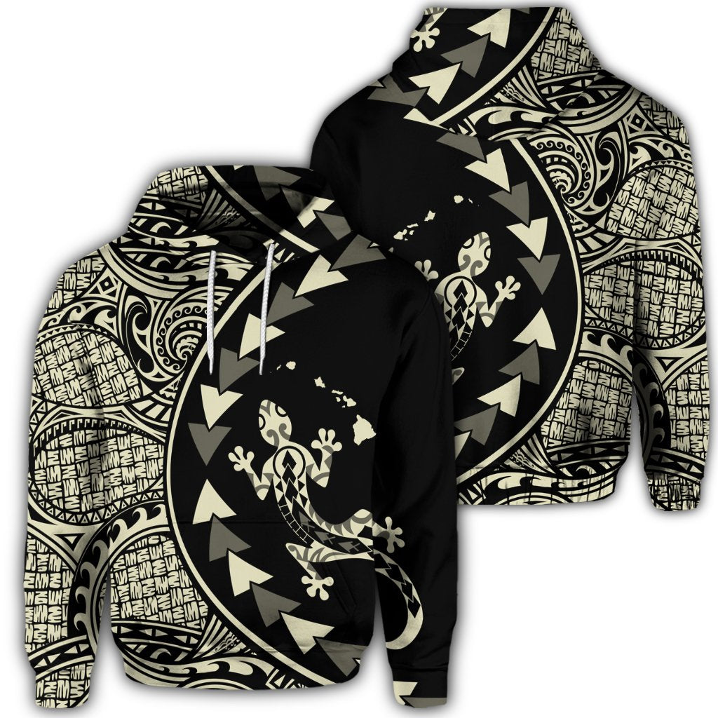 Hawaiian Map Gecko Tattoo Kakau Polynesian Hoodie Beige Unisex Art - Polynesian Pride