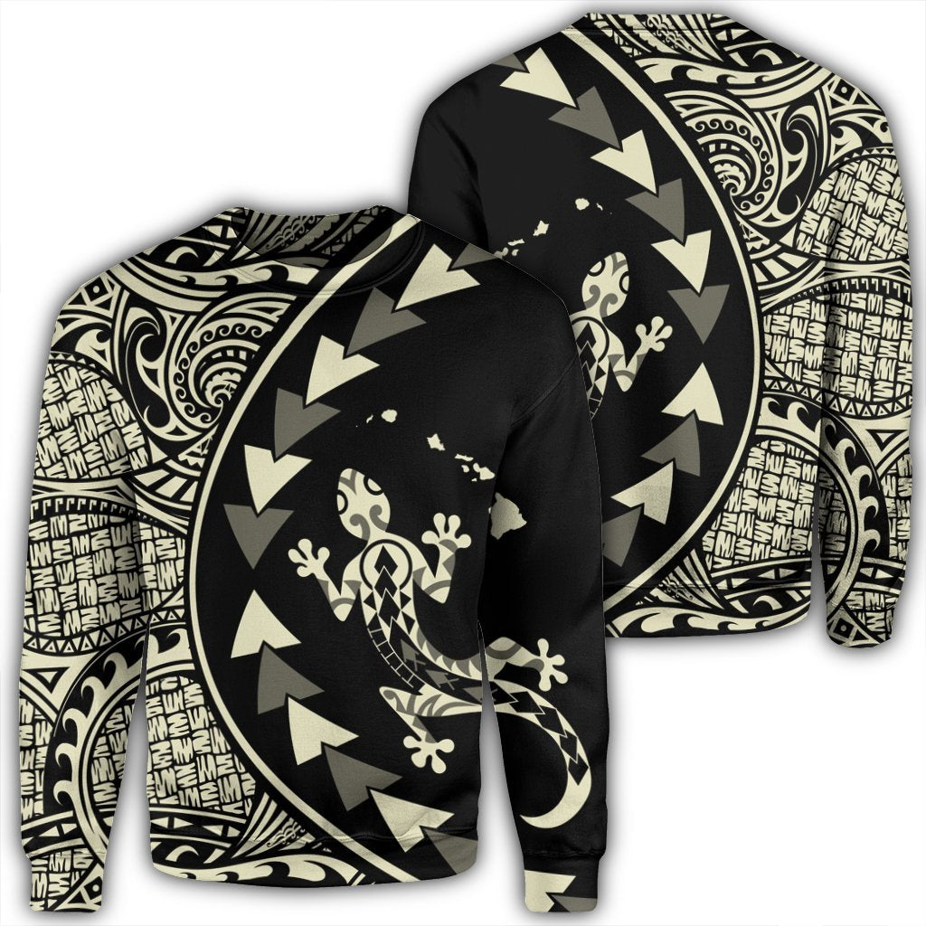 Hawaiian Map Gecko Tattoo Kakau Polynesian Sweatshirt Beige AH Unisex Black - Polynesian Pride
