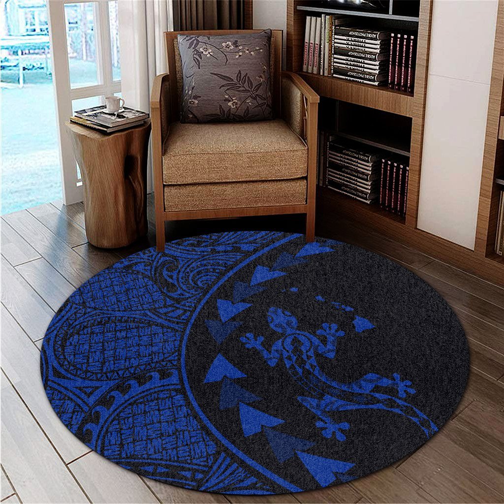 Hawaiian Map Gecko Tattoo Kakau Polynesian Round Carpet Blue AH - Polynesian Pride