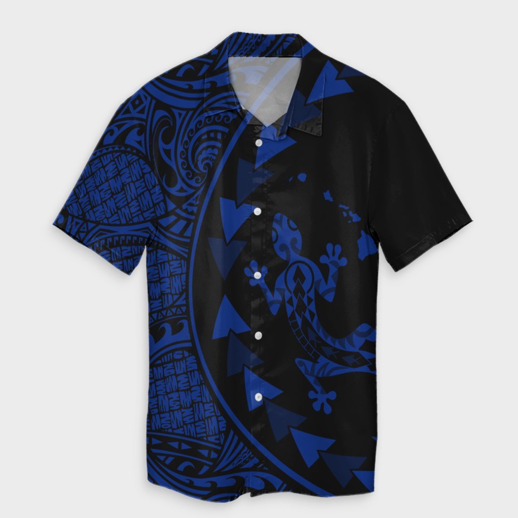 Hawaiian Map Gecko Tattoo Kakau Polynesian Hawaiian Shirt Blue AH Unisex Black - Polynesian Pride