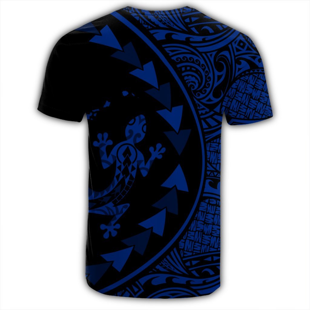 Hawaiian Map Gecko Tattoo Kakau Polynesian T Shirt Blue - Polynesian Pride