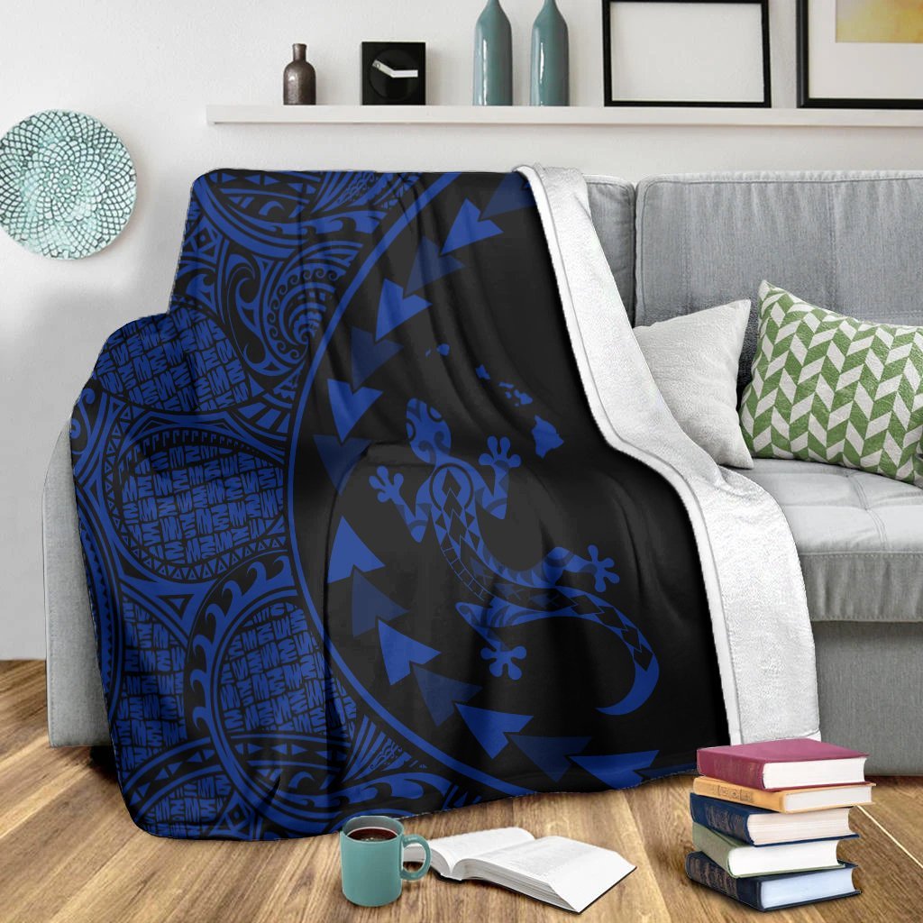 Hawaiian Map Gecko Tattoo Kakau Polynesian Premium Blankets Blue AH - Polynesian Pride