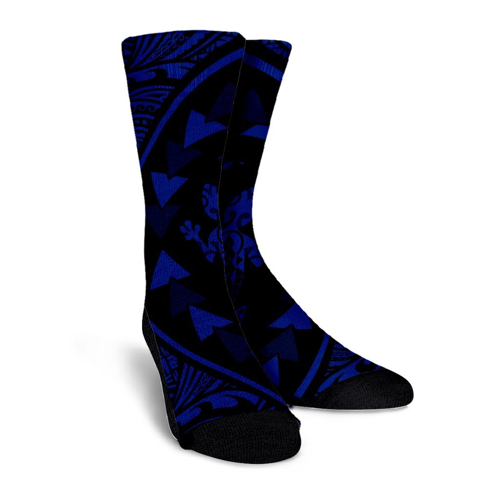 Hawaiian Map Gecko Tattoo Kakau Polynesian Crew Socks Blue AH - Polynesian Pride