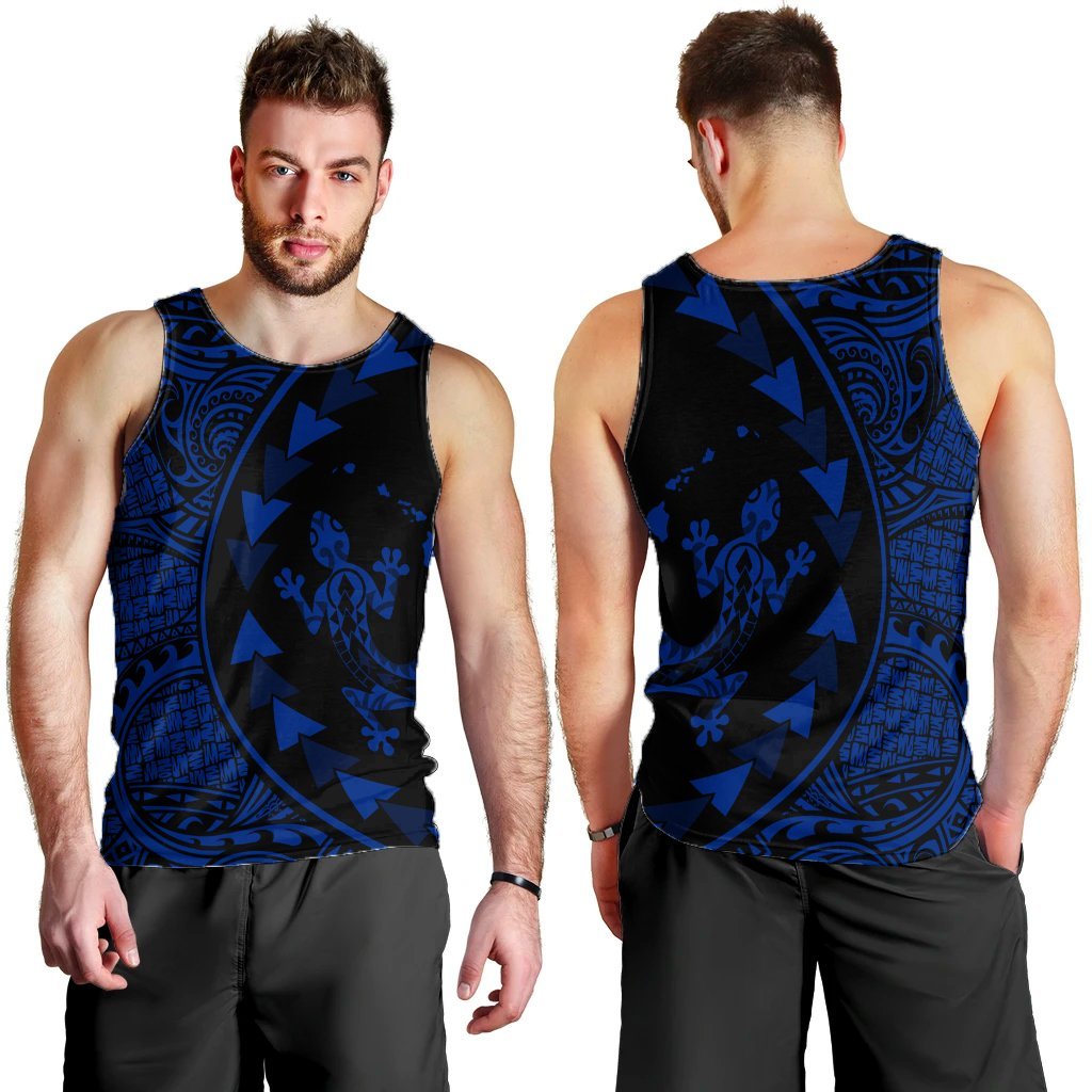 Hawaiian Map Gecko Tattoo Kakau Polynesian Tank Top Blue AH - Polynesian Pride