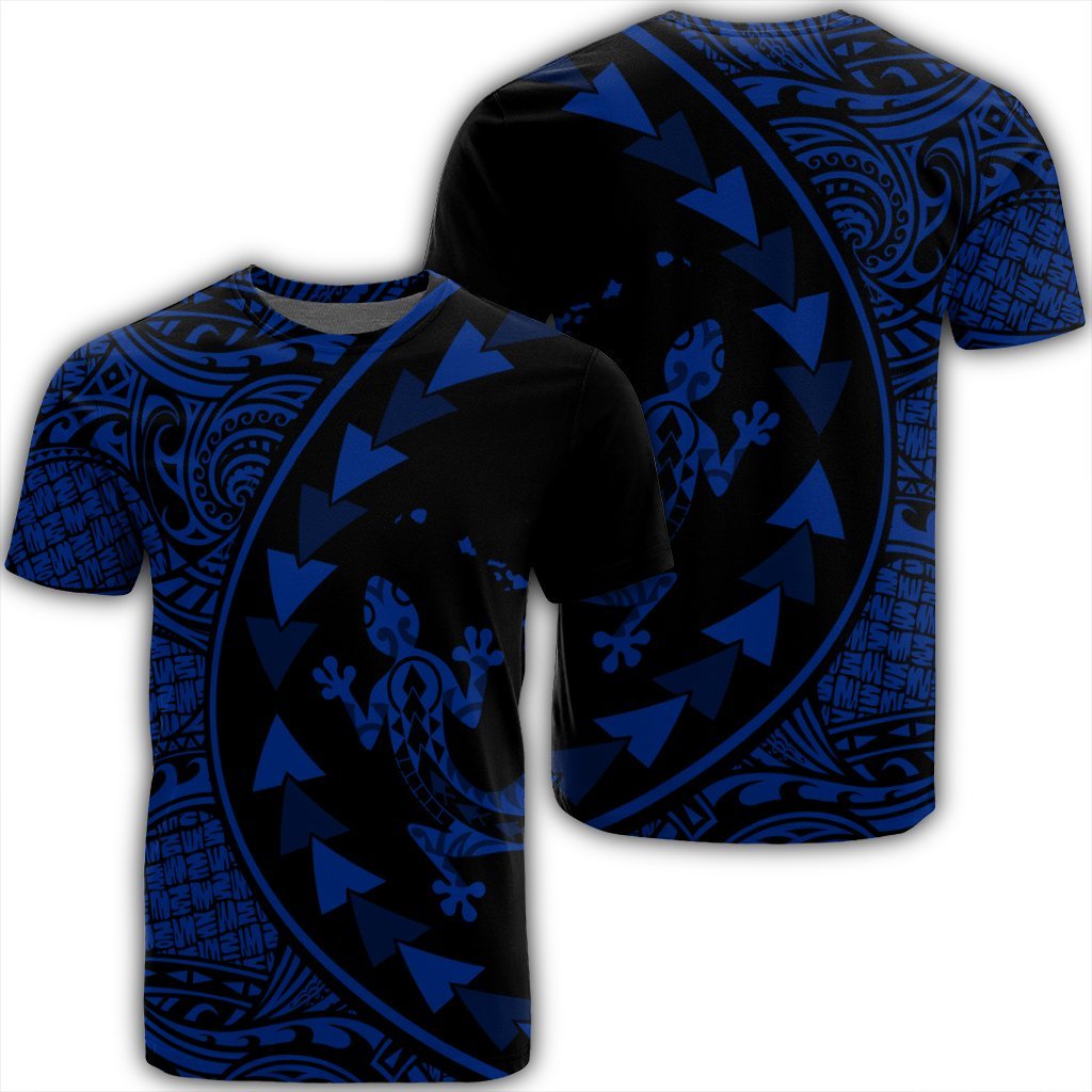 Hawaiian Map Gecko Tattoo Kakau Polynesian T Shirt Blue Unisex Black - Polynesian Pride