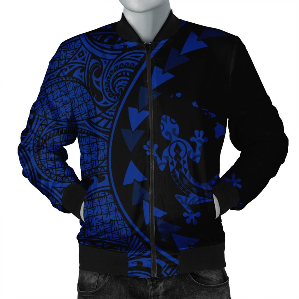 Hawaiian Map Gecko Tattoo Kakau Polynesian Bomber Jacket Blue AH Black Unisex - Polynesian Pride