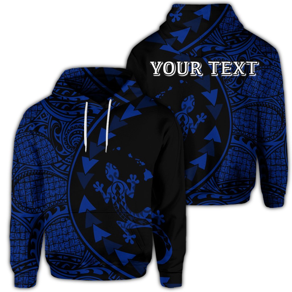 Custom Hawaiian Map Gecko Tattoo Kakau Polynesian Hoodie Blue Unisex Art - Polynesian Pride