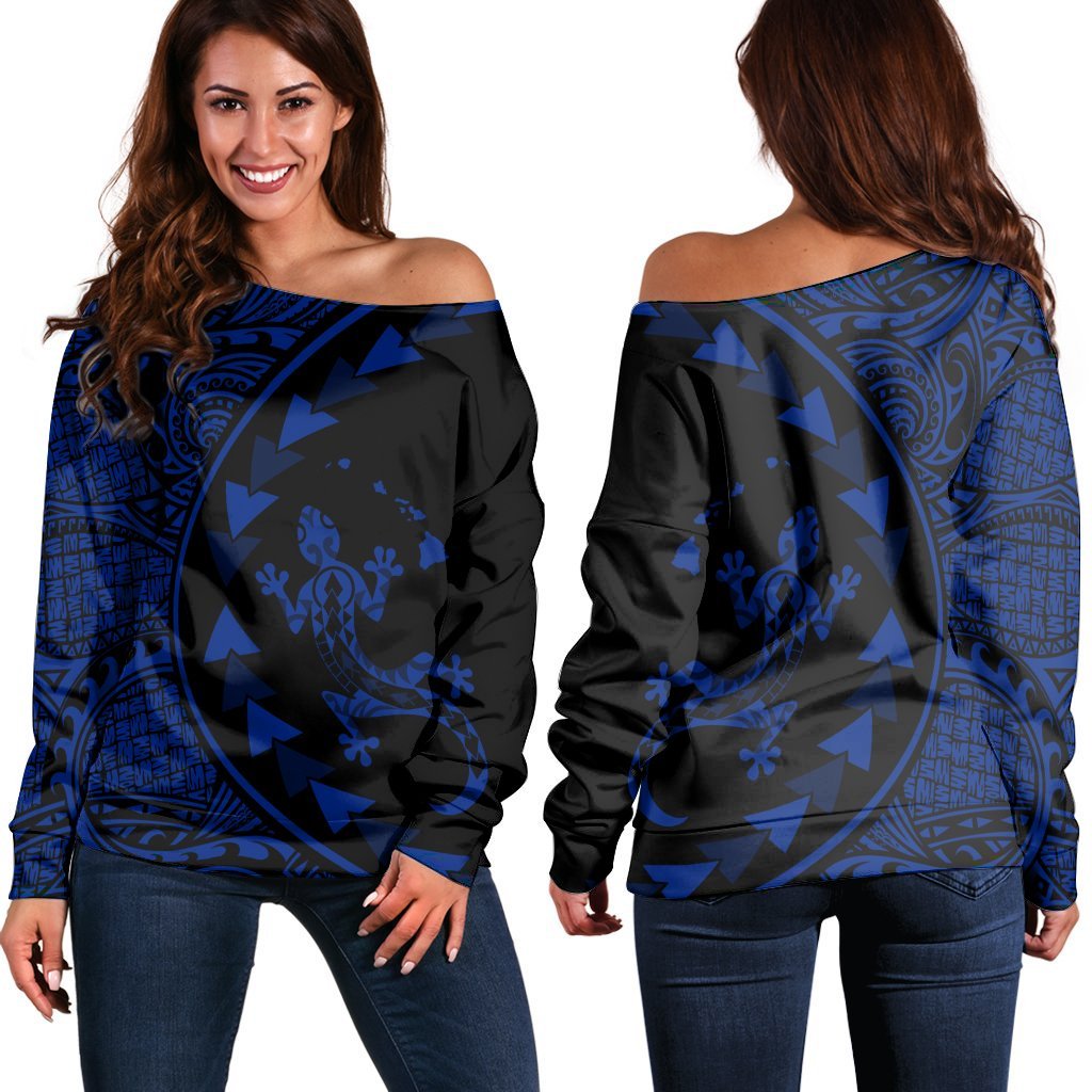 Hawaiian Map Gecko Tattoo Kakau Polynesian Women's Off Shoulder Sweater Blue AH Black - Polynesian Pride