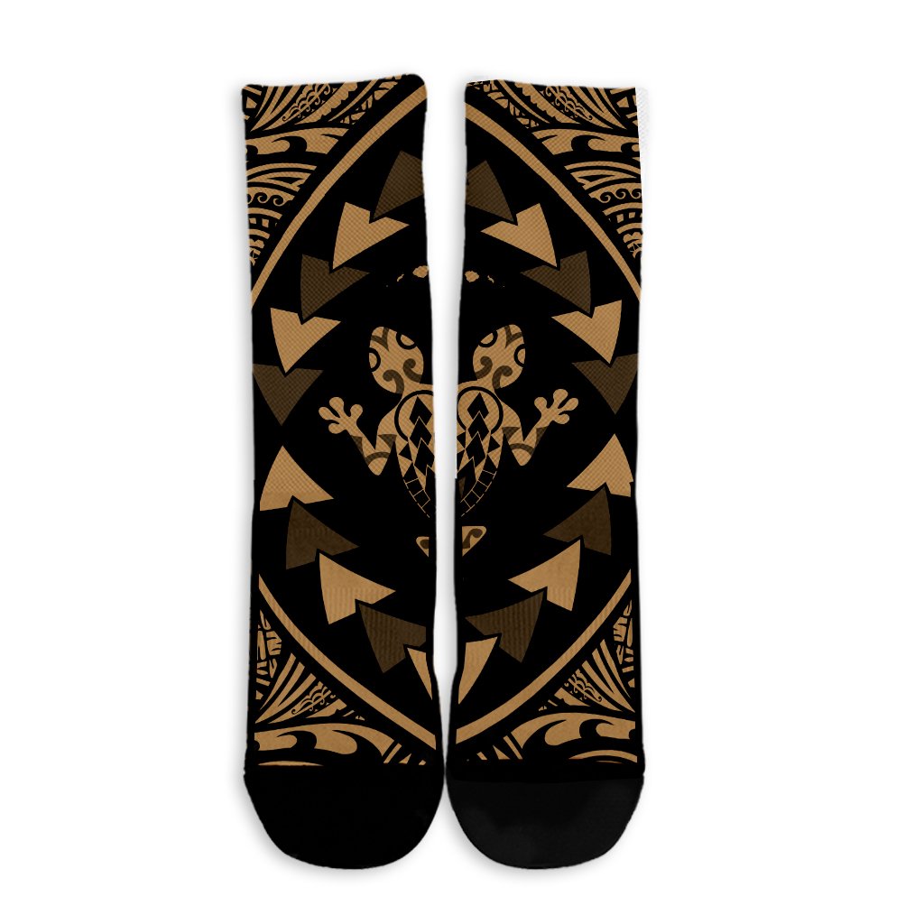 Hawaiian Map Gecko Tattoo Kakau Polynesian Crew Socks Gold AH - Polynesian Pride