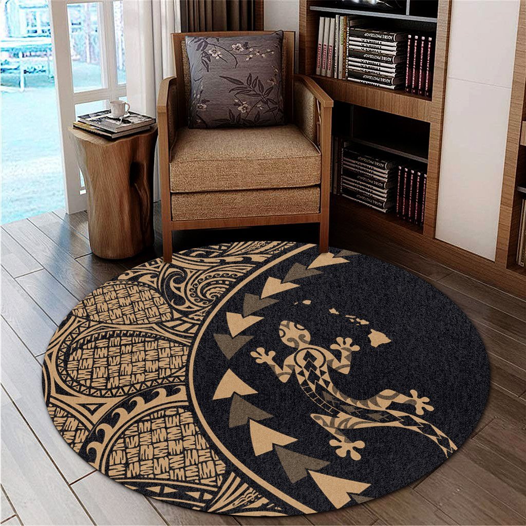Hawaiian Map Gecko Tattoo Kakau Polynesian Round Carpet Gold AH - Polynesian Pride