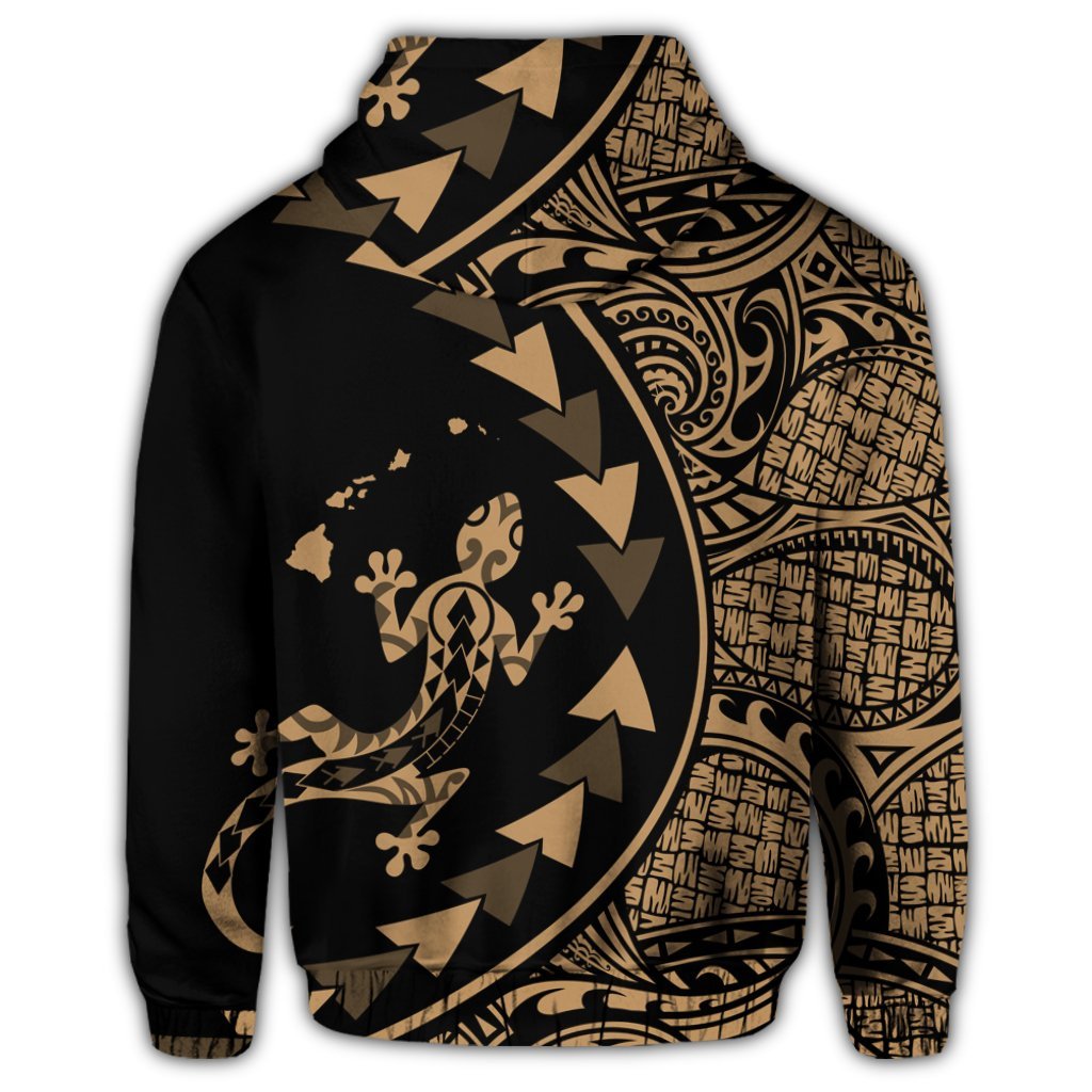 Hawaiian Map Gecko Tattoo Kakau Polynesian Zip Hoodie Gold - Polynesian Pride